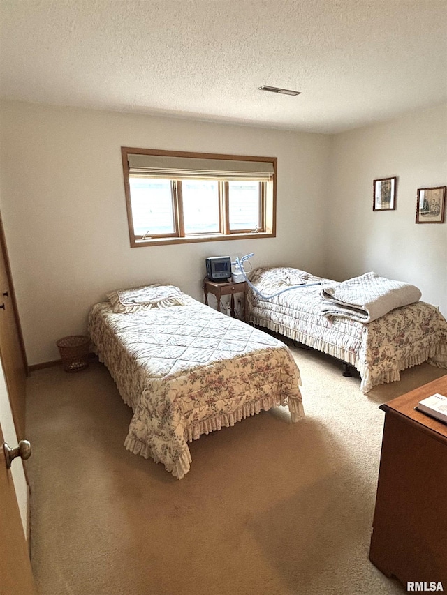 bedroom with carpet floors and a textured ceiling