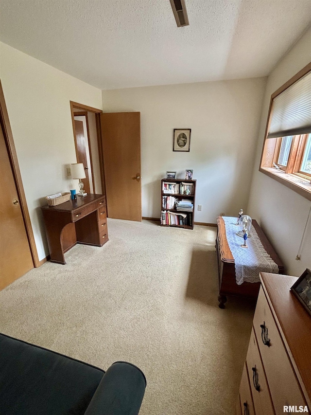 bedroom with carpet and a textured ceiling