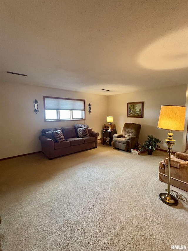 living area featuring carpet and a textured ceiling