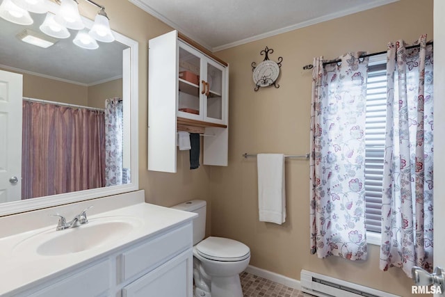 301 N 11th St, Herrin, IL 62948 - bathroom featuring vanity, toilet, crown molding, baseboards, and a baseboard radiator