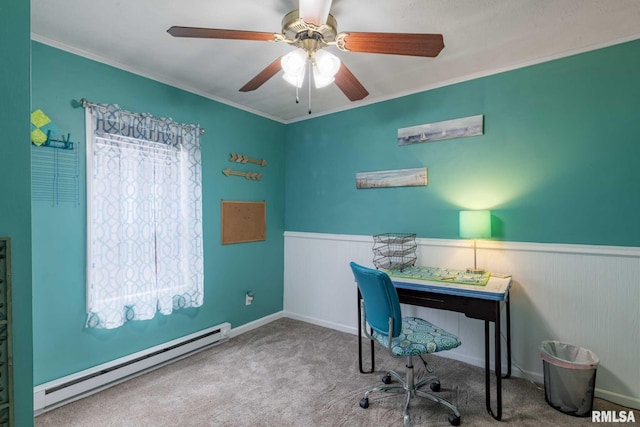 301 N 11th St, Herrin, IL 62948 - carpeted office with a baseboard radiator, wainscoting, crown molding, and a ceiling fan