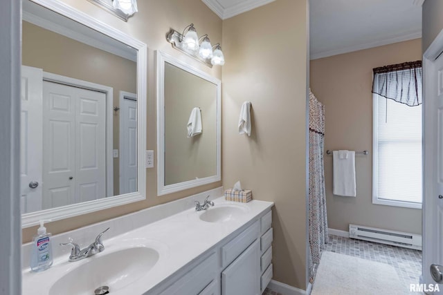 301 N 11th St, Herrin, IL 62948 - bathroom featuring a baseboard radiator, double vanity, crown molding, and baseboards