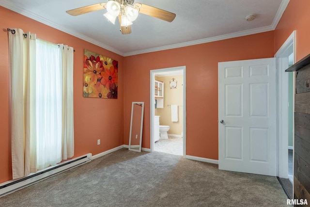 301 N 11th St, Herrin, IL 62948 - unfurnished bedroom featuring a baseboard heating unit, crown molding, carpet flooring, baseboards, and ensuite bathroom