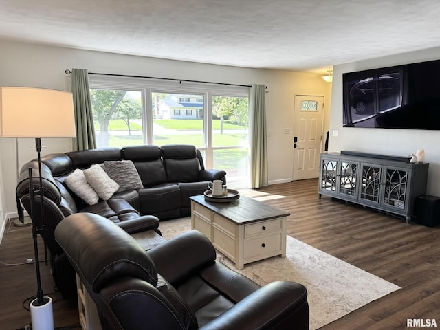 living area featuring baseboards and wood finished floors