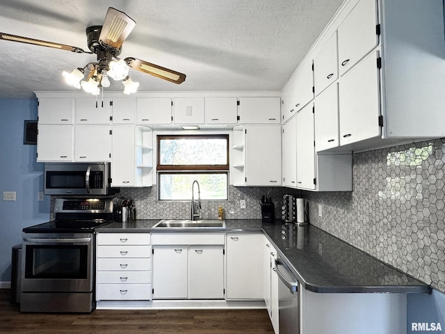 kitchen with appliances with stainless steel finishes, open shelves, a sink, dark countertops, and ceiling fan