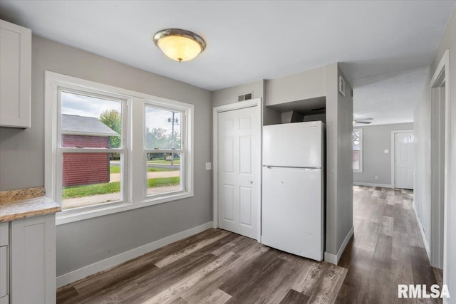 kitchen with freestanding refrigerator, plenty of natural light, and wood finished floors