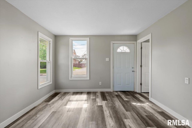 foyer with wood finished floors, baseboards, and a textured ceiling