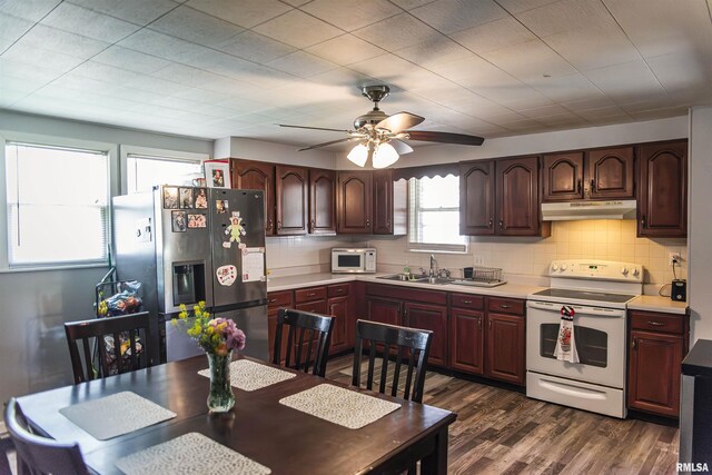 129 E High St, Mendon, IL 62351 - kitchen featuring white appliances, under cabinet range hood, a sink, dark wood-style floors, and decorative backsplash