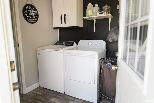129 E High St, Mendon, IL 62351 - laundry area with washing machine and clothes dryer, cabinet space, and dark wood-type flooring