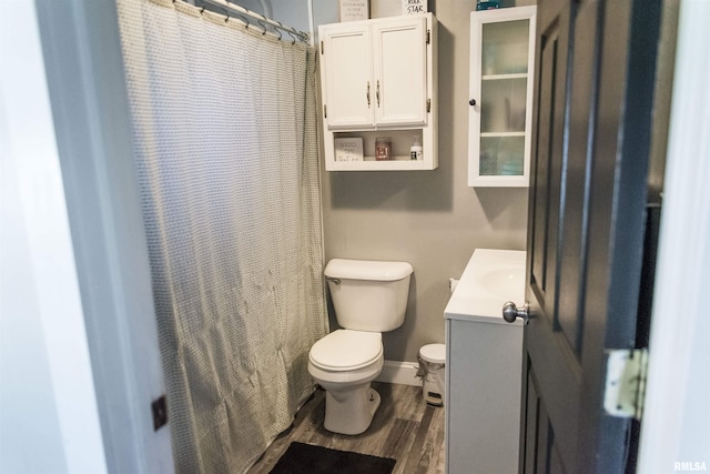 129 E High St, Mendon, IL 62351 - bathroom with vanity, toilet, wood finished floors, baseboards, and a shower with shower curtain