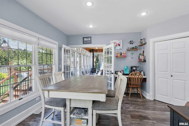 dining room with recessed lighting, dark wood-style floors, baseboards, and an office area