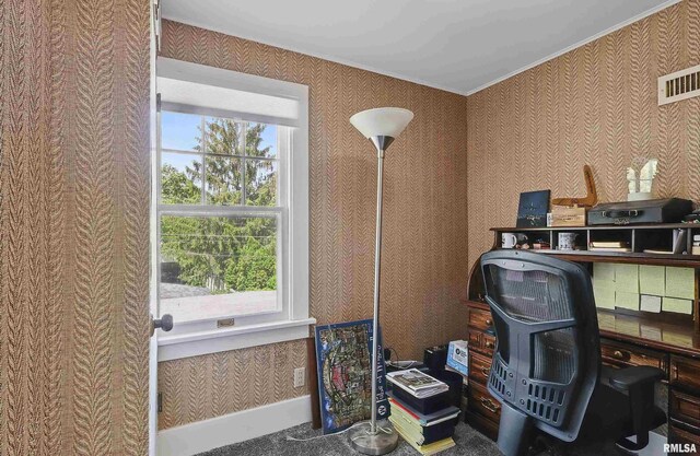office area featuring wallpapered walls and crown molding