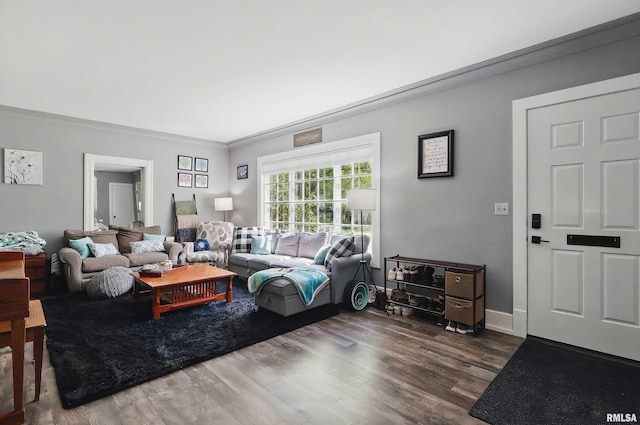 living room with dark wood finished floors and crown molding
