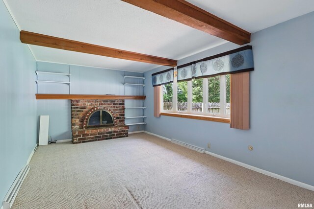 unfurnished living room featuring beam ceiling, carpet flooring, a brick fireplace, and baseboards