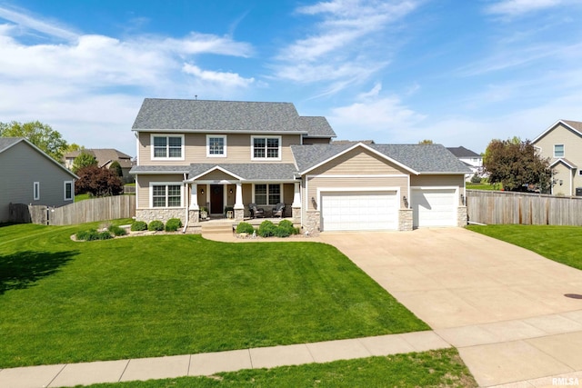 craftsman-style house with stone siding, a porch, a garage, driveway, and a shingled roof