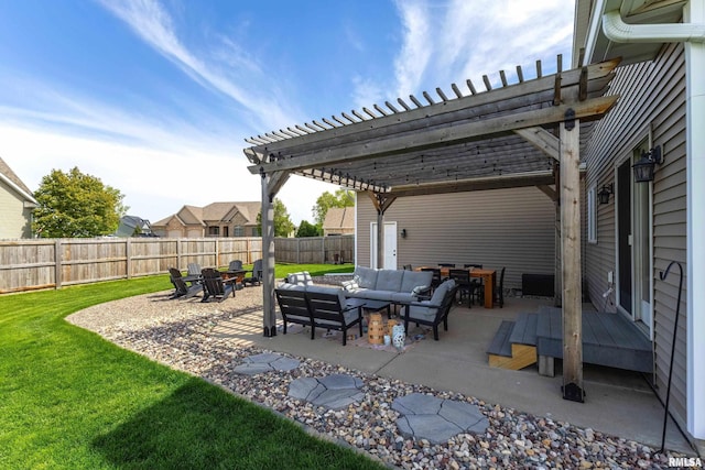 view of patio with an outdoor living space with a fire pit and a pergola