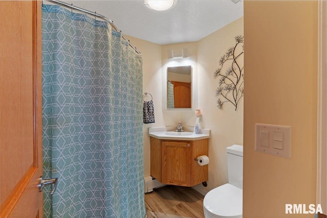 full bath featuring toilet, wood finished floors, vanity, and curtained shower
