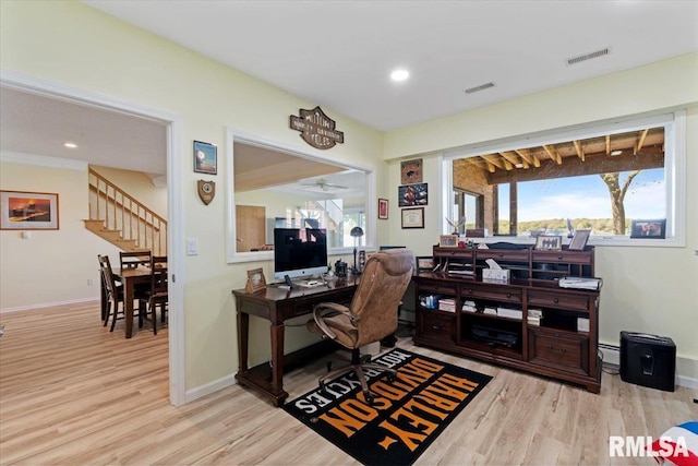 home office with wood finished floors, baseboards, recessed lighting, a baseboard heating unit, and a ceiling fan