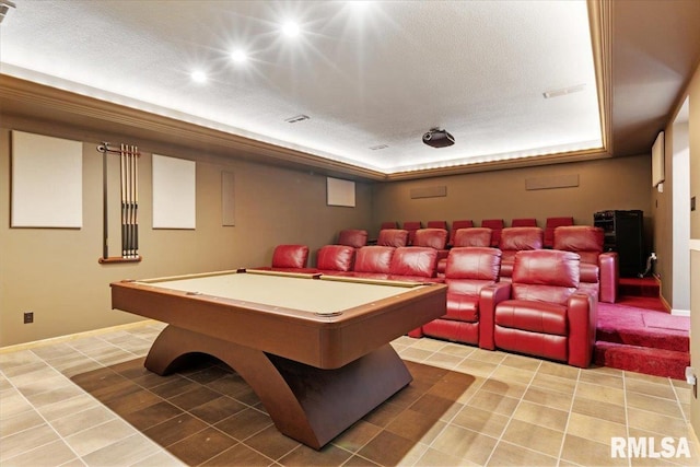 cinema room featuring a raised ceiling, tile patterned flooring, billiards, and a textured ceiling