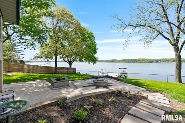 view of patio / terrace with an outdoor fire pit and a water view