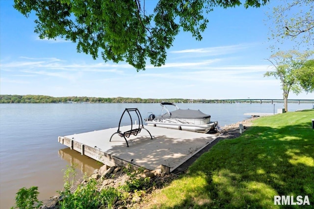 dock with a water view and a lawn