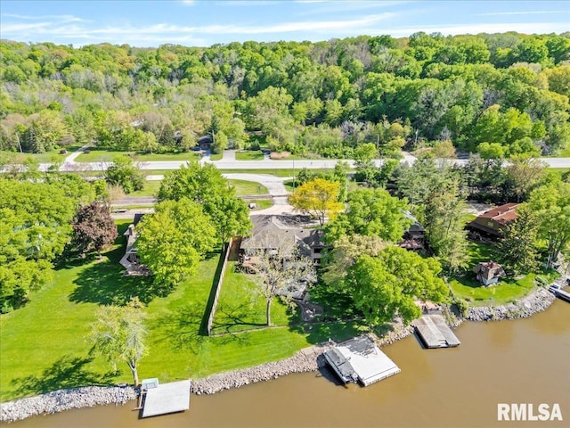 bird's eye view of a nearby body of water and a forest