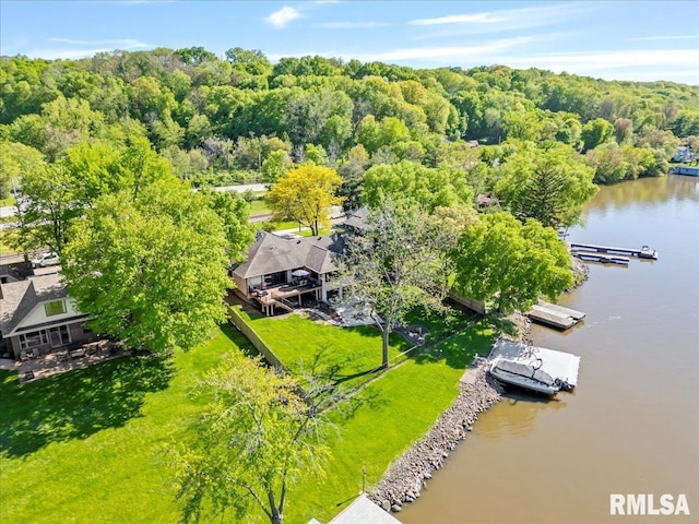 bird's eye view of a large body of water and a heavily wooded area