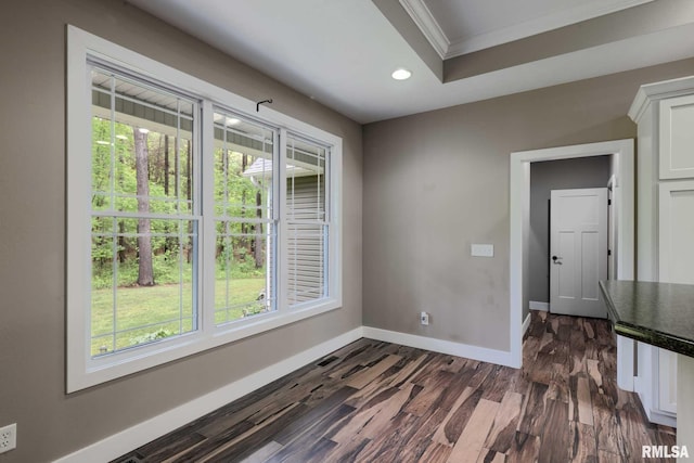 3972 Baptist Camp Rd, Carterville, IL 62918 - spare room with ornamental molding, plenty of natural light, baseboards, recessed lighting, and dark wood-style flooring