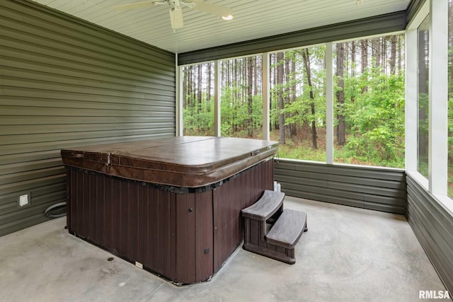 3972 Baptist Camp Rd, Carterville, IL 62918 - sunroom / solarium featuring a jacuzzi, a ceiling fan, and plenty of natural light