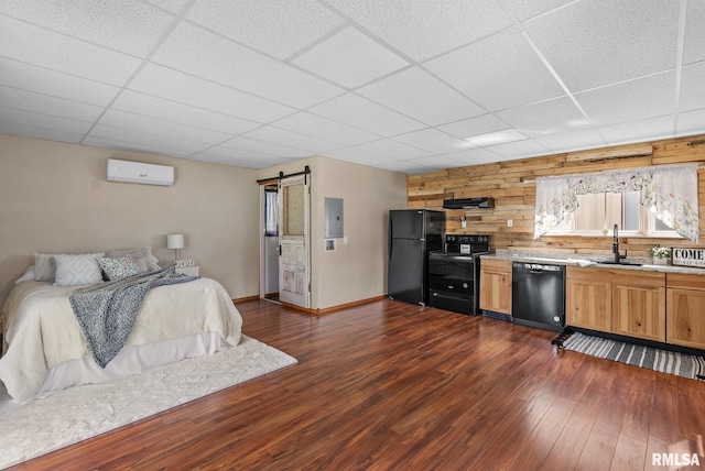 1709 Main St, Keithsburg, IL 61442 - bedroom with freestanding refrigerator, a paneled ceiling, a wall mounted air conditioner, a barn door, and wood walls