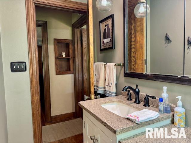 bathroom with vanity and wood finished floors