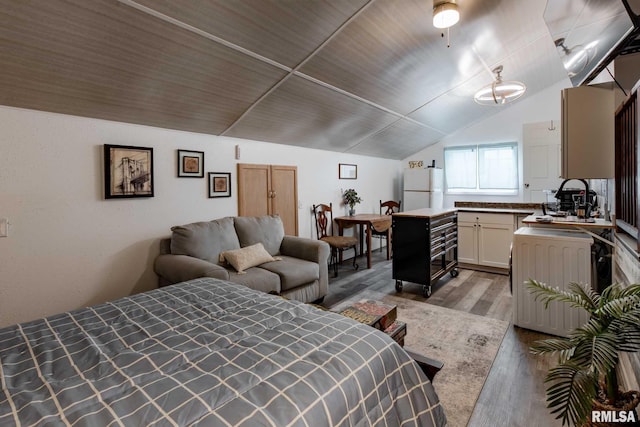17503 N Woodlawn Ln, Woodlawn, IL 62898 - bedroom with freestanding refrigerator, vaulted ceiling, wood finished floors, and a sink