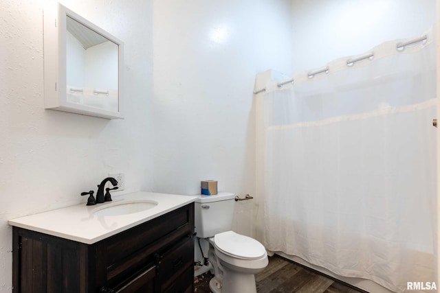 17503 N Woodlawn Ln, Woodlawn, IL 62898 - full bath with toilet, vanity, wood finished floors, and curtained shower