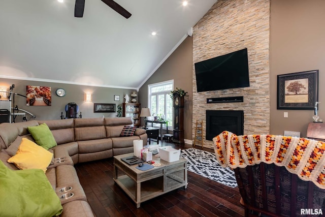 17503 N Woodlawn Ln, Woodlawn, IL 62898 - living area featuring ceiling fan, high vaulted ceiling, wood finished floors, a fireplace, and crown molding