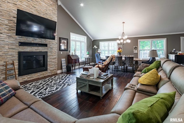 17503 N Woodlawn Ln, Woodlawn, IL 62898 - living area featuring a chandelier, ornamental molding, hardwood / wood-style floors, baseboards, and vaulted ceiling
