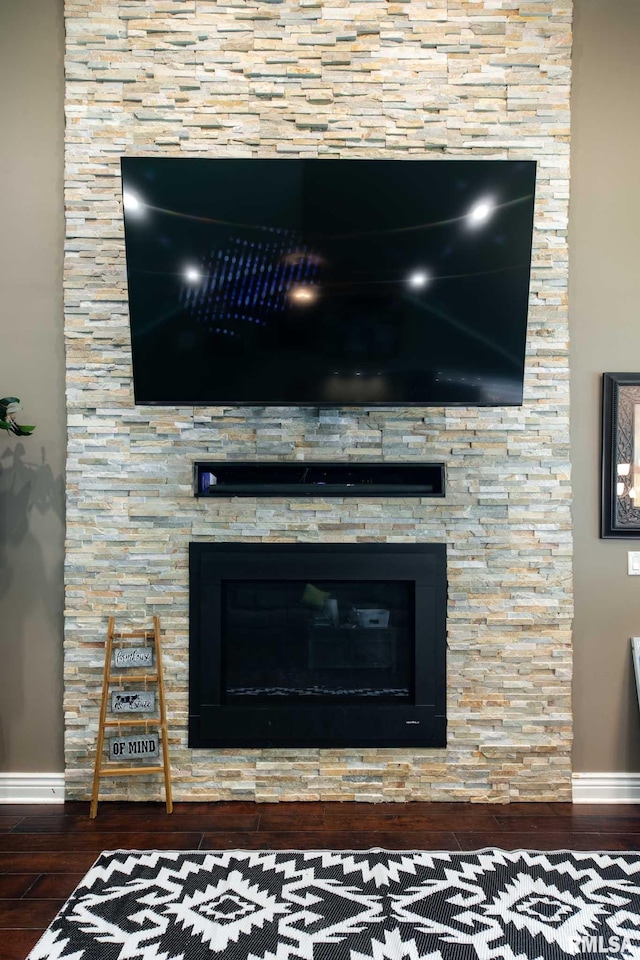 17503 N Woodlawn Ln, Woodlawn, IL 62898 - detailed view of wood finished floors, a stone fireplace, and baseboards
