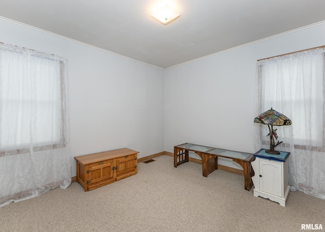 misc room with light colored carpet, crown molding, and baseboards