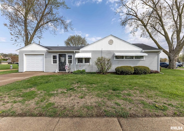 ranch-style house with a garage, driveway, and a front yard