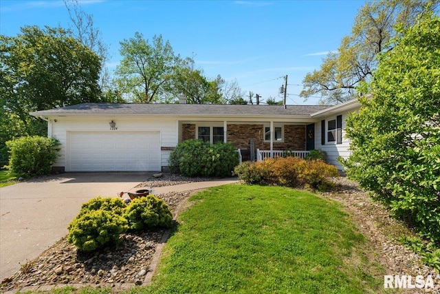 ranch-style home with a garage, concrete driveway, and a front lawn