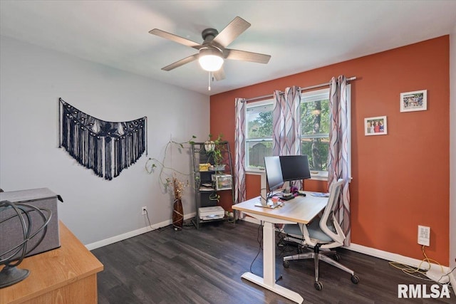 office with dark wood-type flooring, ceiling fan, and baseboards