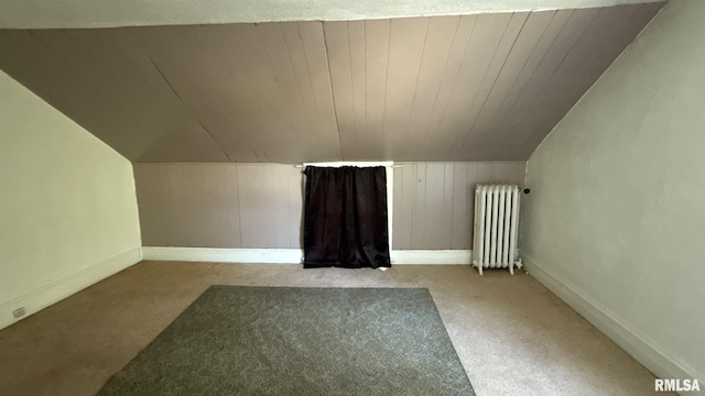 additional living space featuring radiator, carpet floors, lofted ceiling, and baseboards