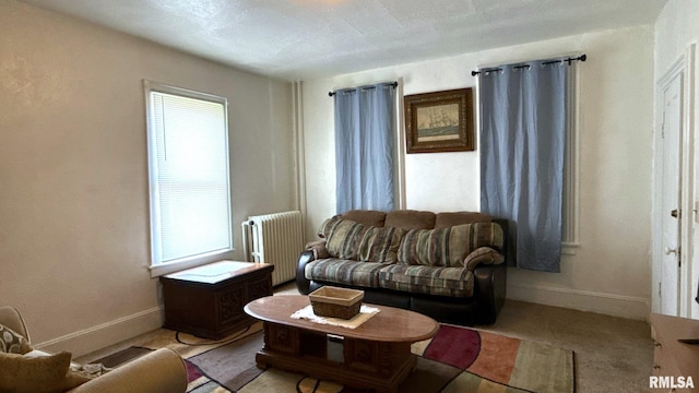living room featuring radiator heating unit, healthy amount of natural light, and baseboards