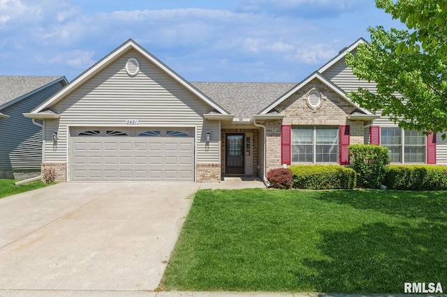 ranch-style house with brick siding, a garage, a front yard, concrete driveway, and a shingled roof