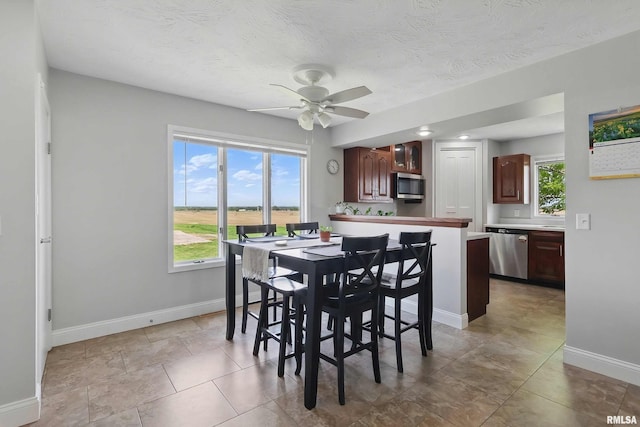 13218 300th St, Donahue, IA 52746 - dining room featuring plenty of natural light, a ceiling fan, and baseboards