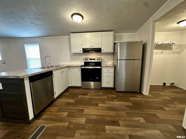 806 Boyd St, Eldorado, IL 62930 - kitchen with stainless steel appliances, under cabinet range hood, a sink, a peninsula, and dark wood-type flooring