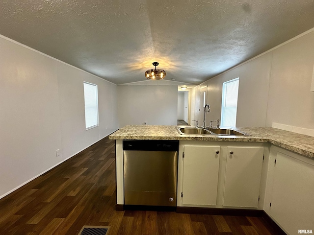 806 Boyd St, Eldorado, IL 62930 - kitchen featuring stainless steel dishwasher, a sink, dark wood finished floors, crown molding, and white cabinets