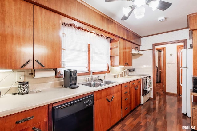 6868 Rte 37, Marion, IL 62959 - kitchen featuring white appliances, a sink, ceiling fan, dark wood-style floors, and light countertops