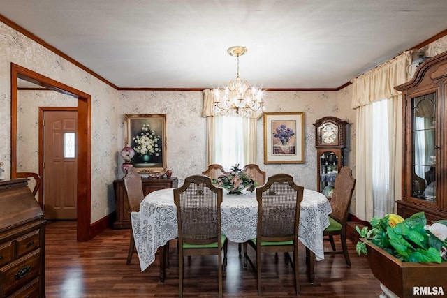 6868 Rte 37, Marion, IL 62959 - dining area featuring a chandelier, dark wood finished floors, wallpapered walls, ornamental molding, and baseboards