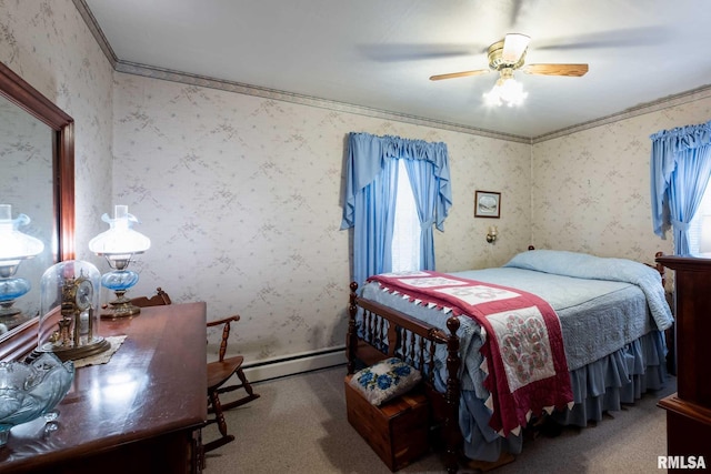 6868 Rte 37, Marion, IL 62959 - carpeted bedroom featuring wallpapered walls, baseboard heating, ceiling fan, and crown molding