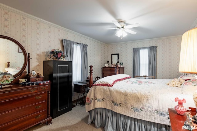 6868 Rte 37, Marion, IL 62959 - bedroom with multiple windows, light carpet, crown molding, a ceiling fan, and wallpapered walls